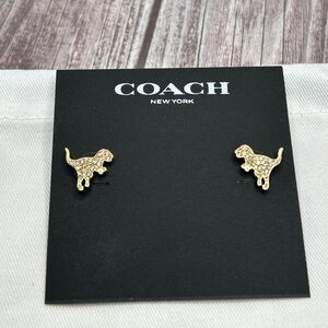 NWT COACH Rexy Gold Crystal Stud Earrings Dinosaur T-Rex + Dust Bag